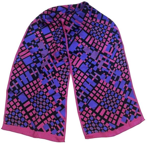 Vintage 80s Silk Scarf Retro Geometric Print Pink Purple Oblong Luxury 10x52 - Picture 1 of 5